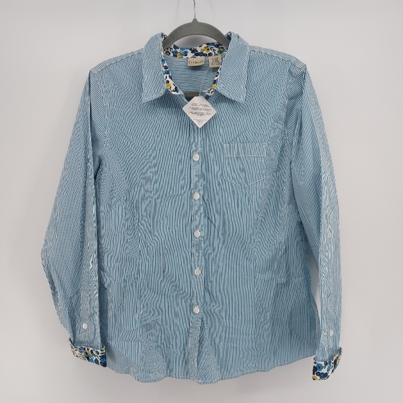 L.L. Bean Tops - L.L. Bean Striped Button Up Blue/White Shirt Floral Neck/Cuffs Oxford Shirt